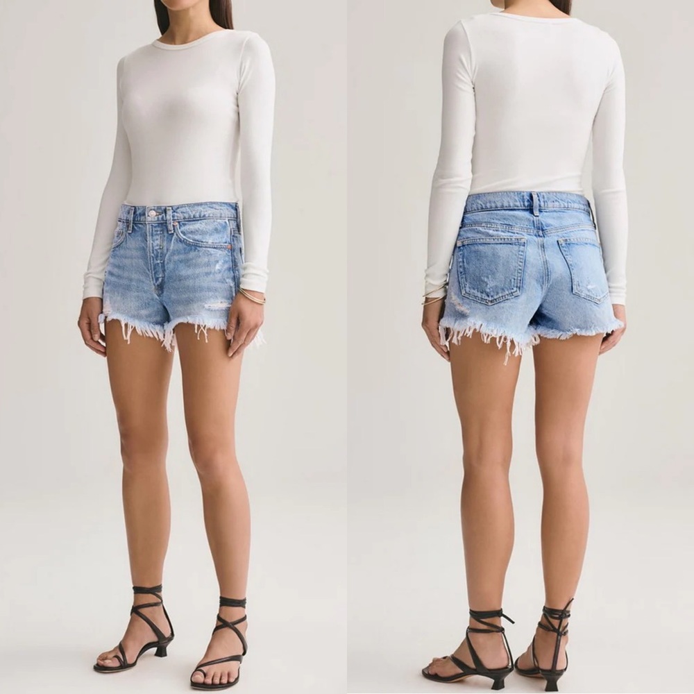 Agolde Light Blue Frayed Hem Distressed Denim Shorts